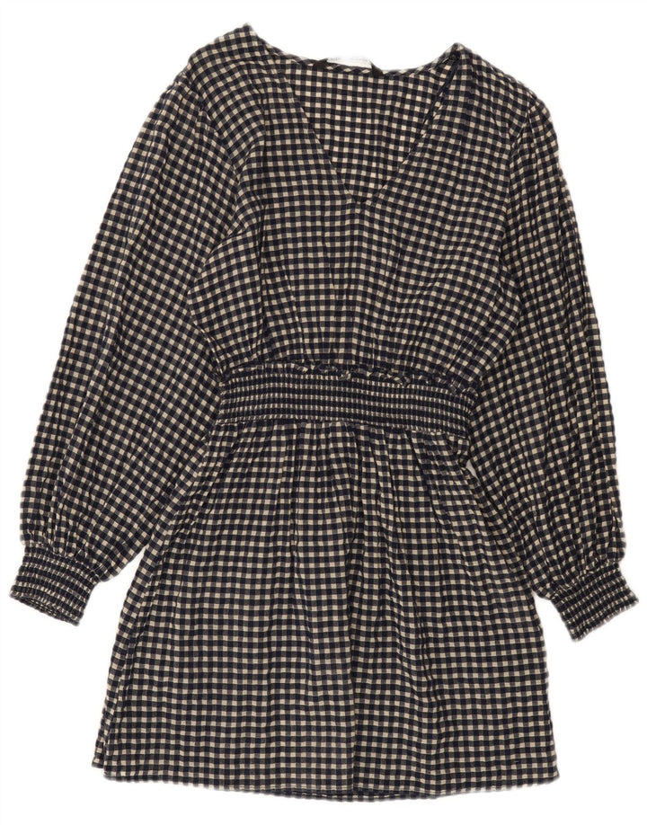 Zara Damen Langarm-Basic-Kleid UK 10 Small Marineblau Gingham Baumwolle