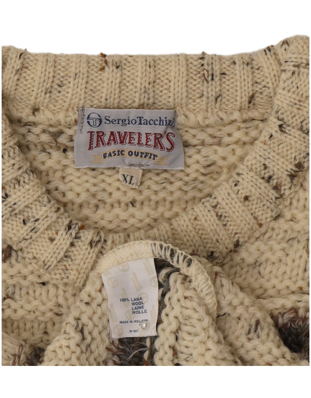 Sergio Tacchini Herren-Pullover mit Rundhalsausschnitt, XL, beige gestreifte Wolle