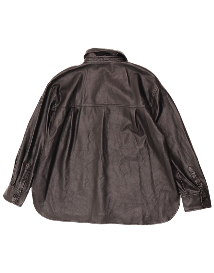 Zara Damen Kunstlederhemd UK 14 Medium Schwarz Polyester