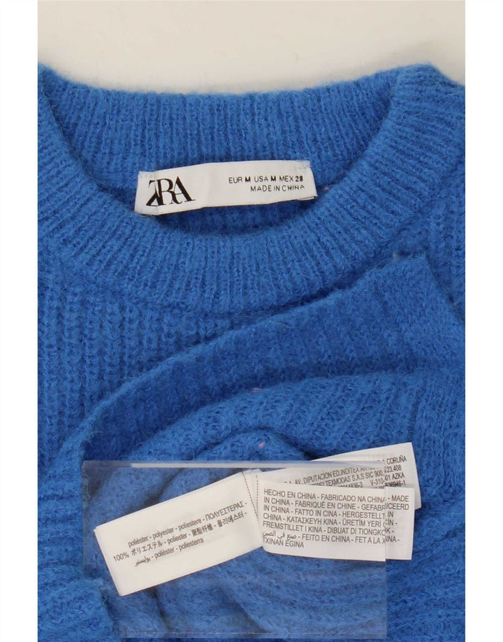 Zara Damen Crop Crew Neck Pullover Pullover UK 14 Mittelblaues Polyester