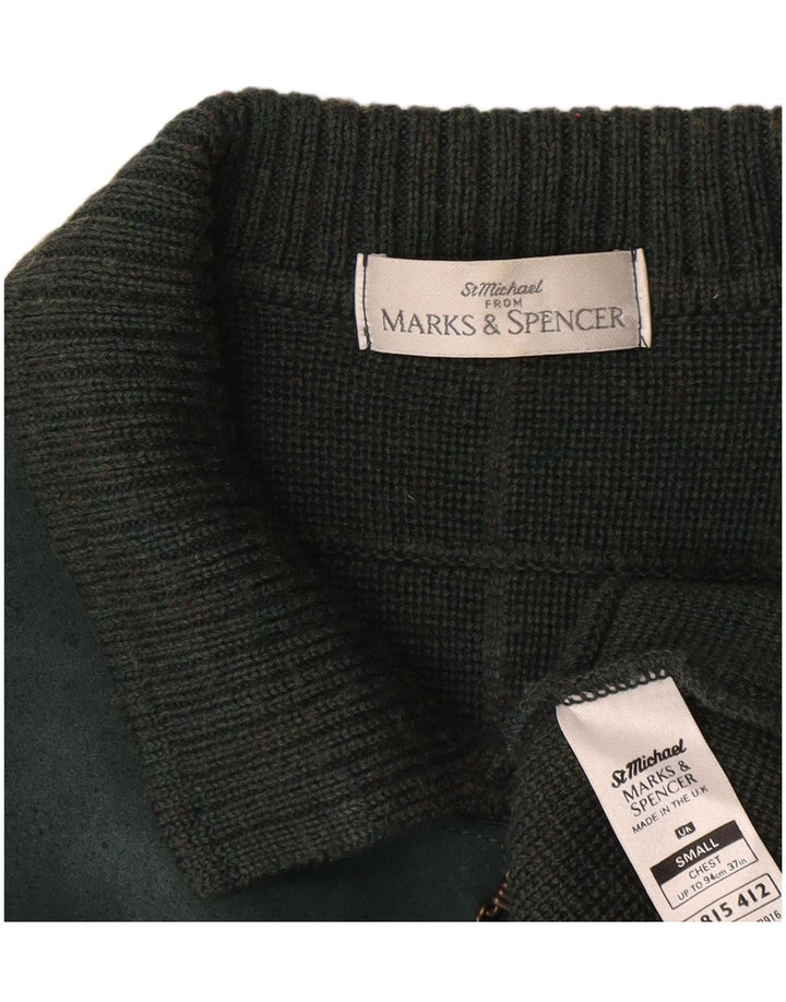 Marks & Spencer Herren-Cardigan-Pullover „St. Michael“ aus Wolle mit kleinem grünem Karomuster