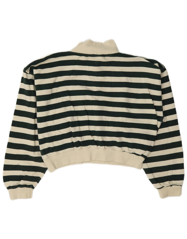 Vintage Damen Crop Zip Neck Sweatshirt Pullover UK 12 Mittelgrün gestreift