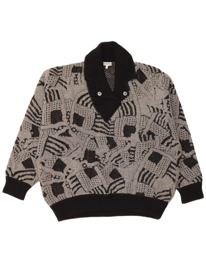 VINTAGE Damen-Pullover mit Schalkragen, UK 16, groß, grau, geometrisch
