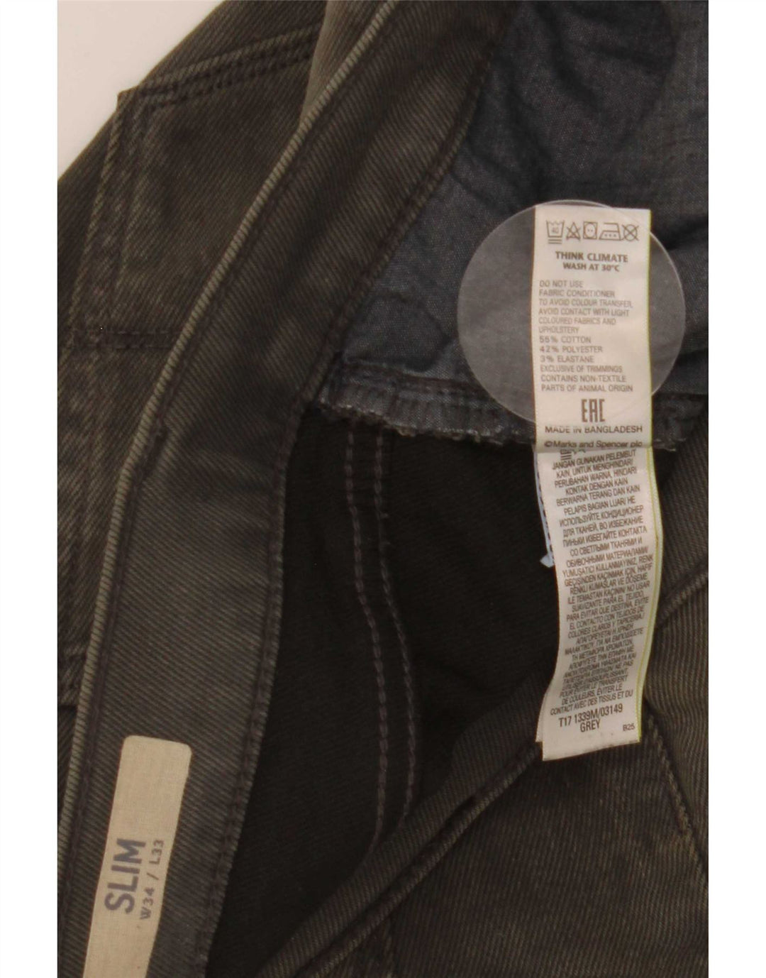 Marks & Spencer Herren Slim Jeans W34 L33 Graue Baumwolle
