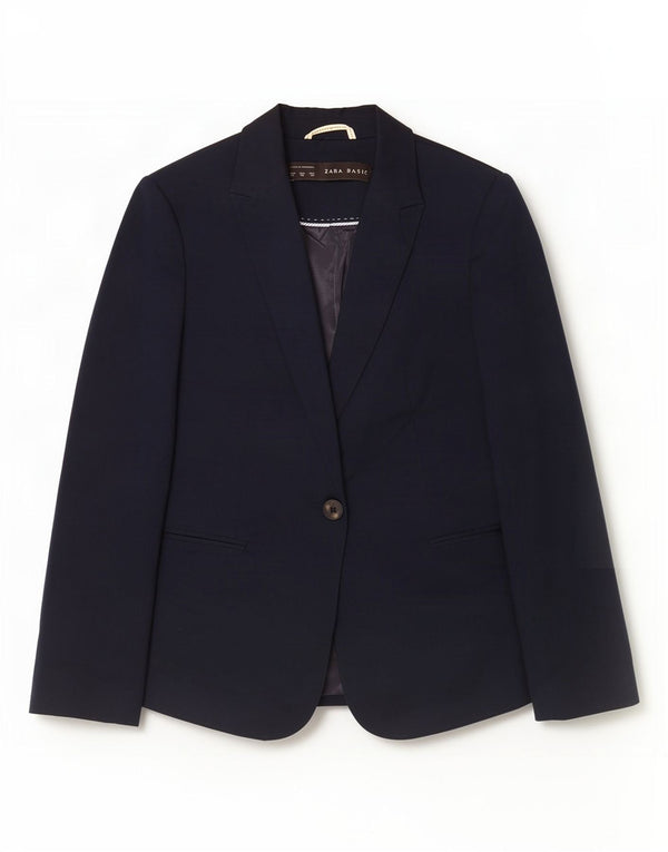 Zara Damen 1-Knopf-Blazerjacke UK 6 XS Marineblaue Baumwolle
