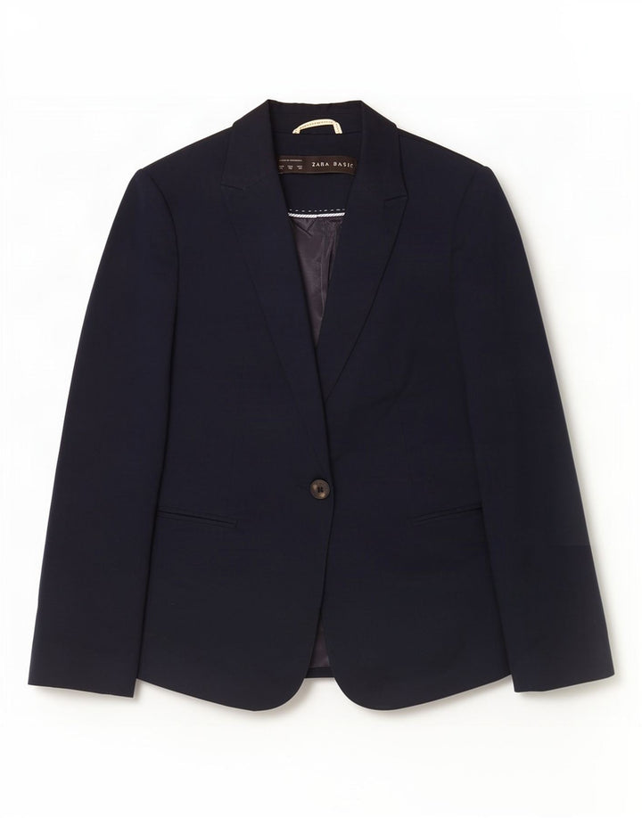 Zara Damen 1-Knopf-Blazerjacke UK 6 XS Marineblaue Baumwolle