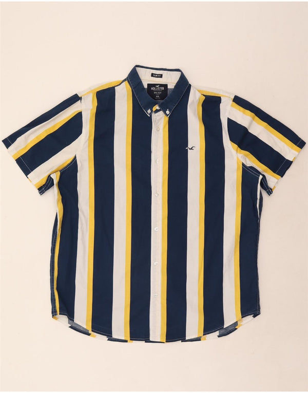 Hollister Herren Kurzarm-Slim-Fit-Hemd 2XL blau gestreift aus Baumwolle