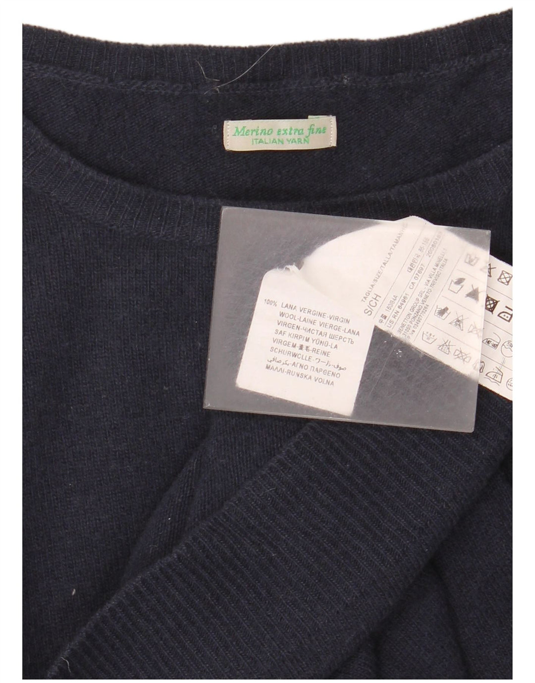 BENETTON Herren-Pullover mit U-Boot-Ausschnitt, klein, marineblaue Schurwolle