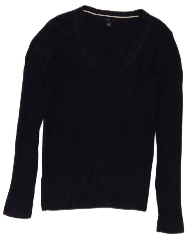Tommy Hilfiger Damen-Pullover mit V-Ausschnitt, UK 14, mittelmarineblaue Baumwolle
