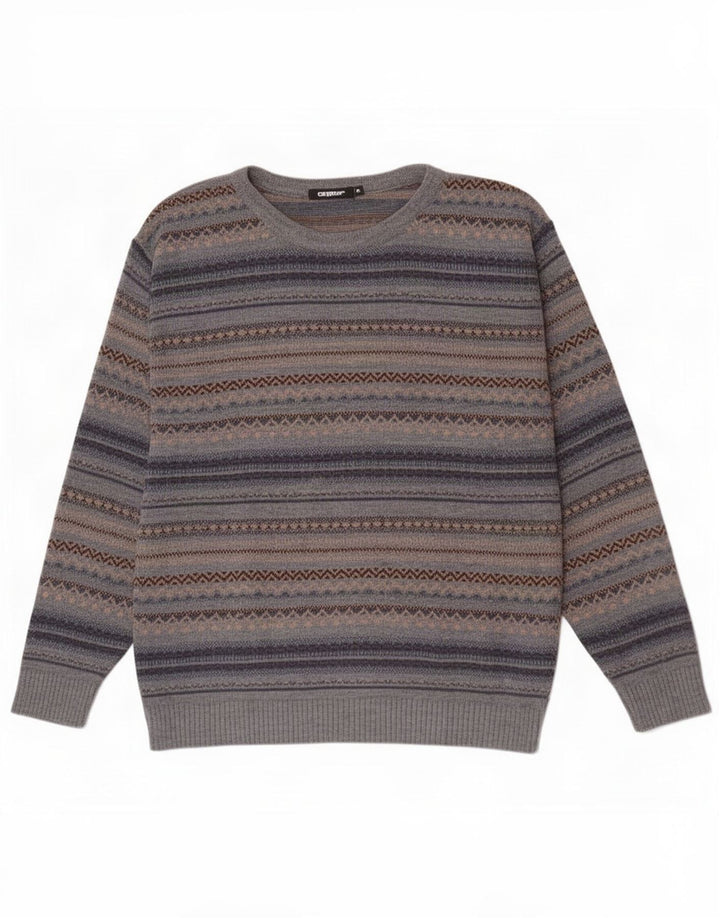 Vintage Herren-Pullover mit U-Boot-Ausschnitt, Mittelgrau, Fair-Isle-Acryl