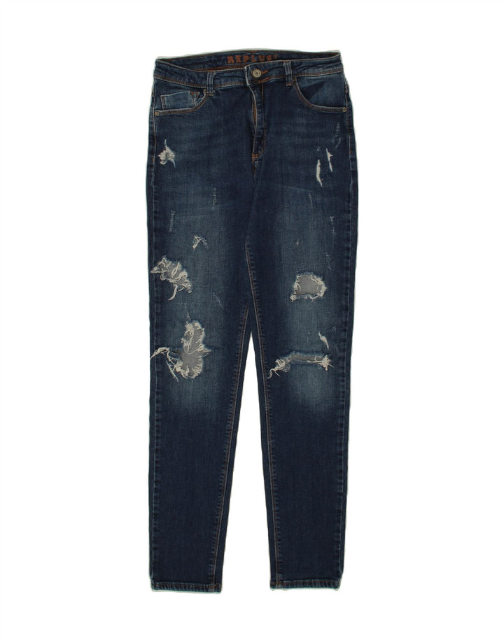 VINTAGE Womens Distressed Slim Jeans W30 L27 Navy Blue Cotton Vintage Vintage and Second-Hand Vintage from Messina Hembry 