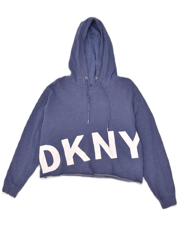 DKNY Womens Crop Graphic Hoodie Jumper UK 8 Small Blue Cotton | Vintage Dkny | Thrift | Second-Hand Dkny | Used Clothing | Messina Hembry 