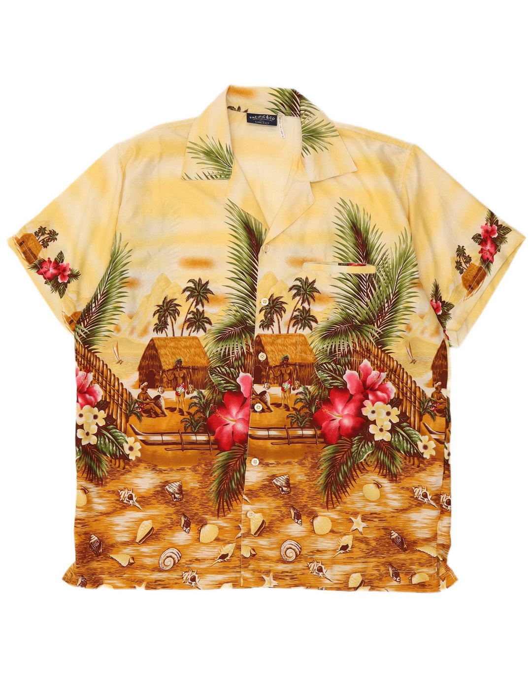 Pacific & Co Hawaii-Kurzarmhemd für Herren, groß, gelb, Blumenmuster, Polyester