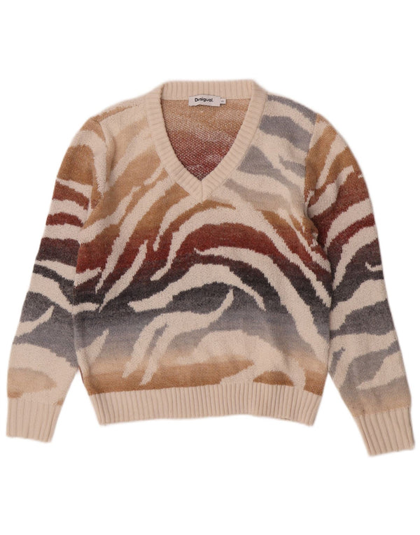 Desigual Damen-Pullover mit V-Ausschnitt, Gr. 6, XS, mehrfarbiger Tierdruck
