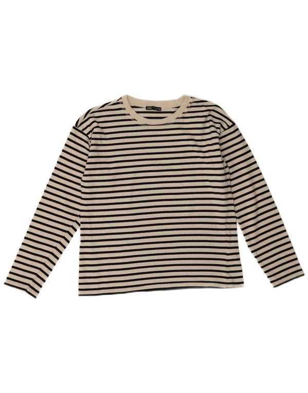 Zara Damen Top Langarm UK 10 Small Weiß gestreift Baumwolle