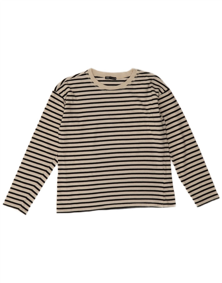 Zara Damen Top Langarm UK 10 Small Weiß gestreift Baumwolle