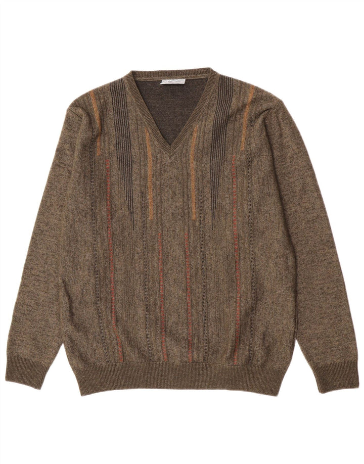 Rodes Herren-Pullover mit V-Ausschnitt aus mittelgrüner, gestreifter Wolle