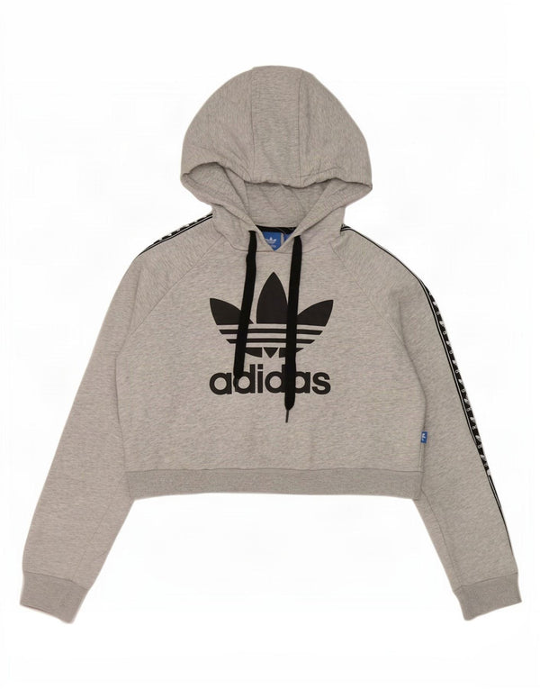 Adidas Damen Crop Graphic Hoodie Pullover UK 12 Mittelgrau Farbblock