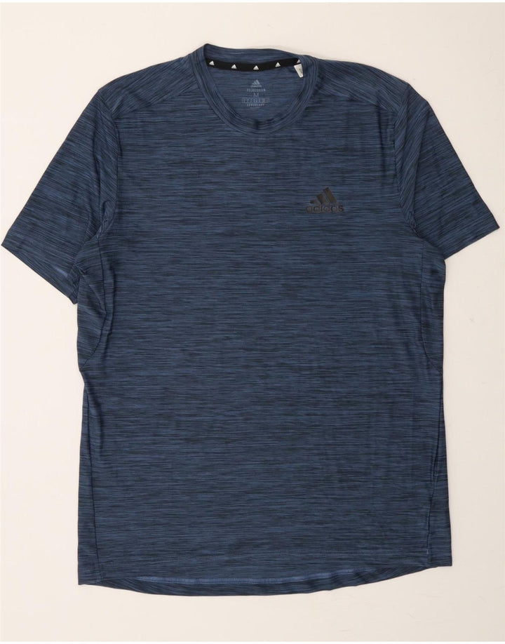 ADIDAS Mens Aeroready T-Shirt Top Medium Navy Blue Striped Polyester Vintage Adidas and Second-Hand Adidas from Messina Hembry 