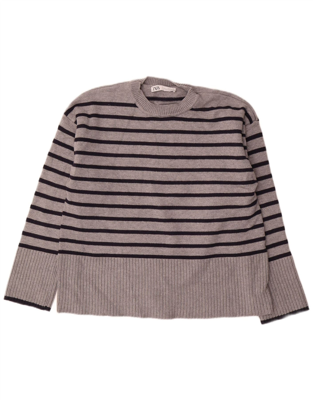 Zara Damen-Pullover, übergroß, Rundhalsausschnitt, Gr. 10, klein, grau gestreift