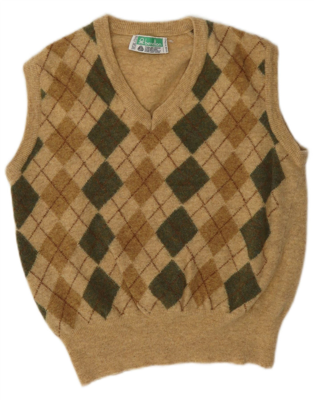 Benetton Damen Crop Vest Tank Top UK 14 Medium Beige Argyle/Diamond Wool