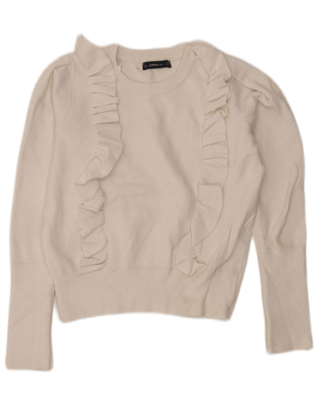 Zara Damen-Pullover, bauchfrei, Rüschen vorne, Rundhalsausschnitt, Größe 44, Weiß