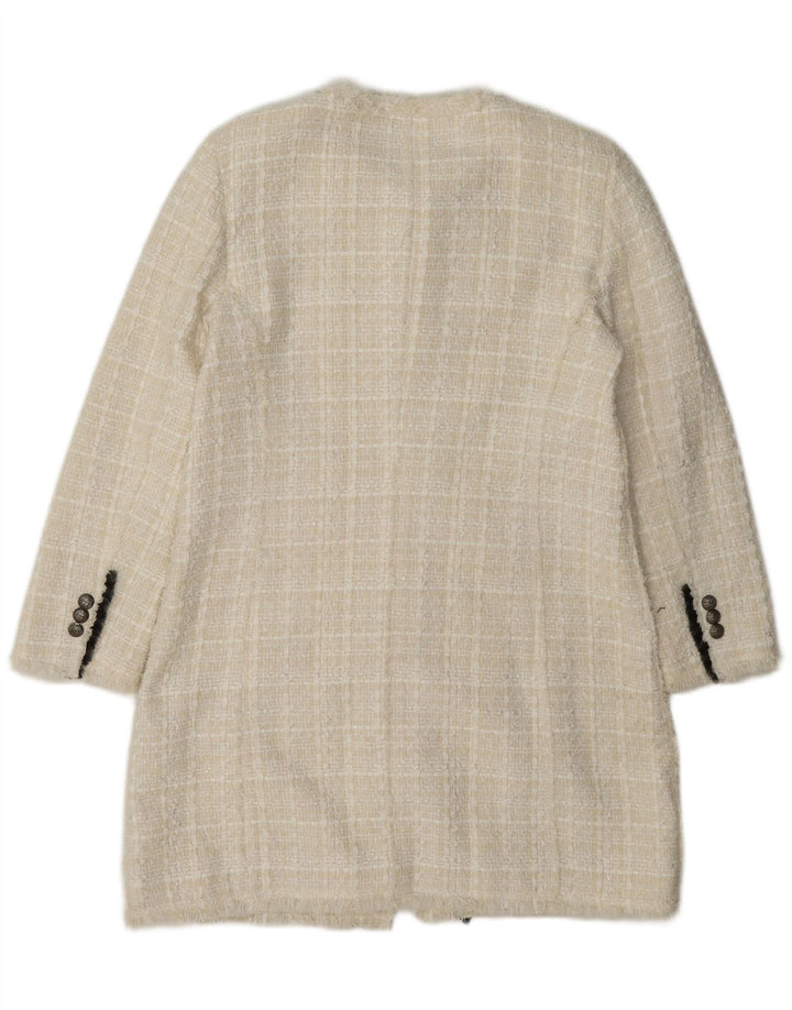 Zara Damen Longline 3-Knopf-Blazerjacke UK 12 Mittelweiß karierte Baumwolle