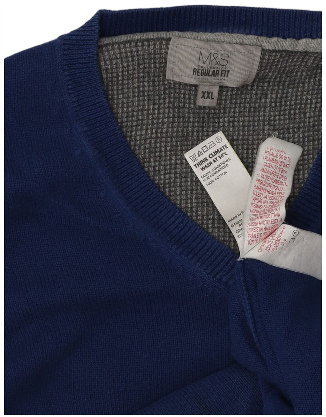 Marks & Spencer Herren-Pullover, reguläre Passform, V-Ausschnitt, 2XL, Blau, Baumwolle