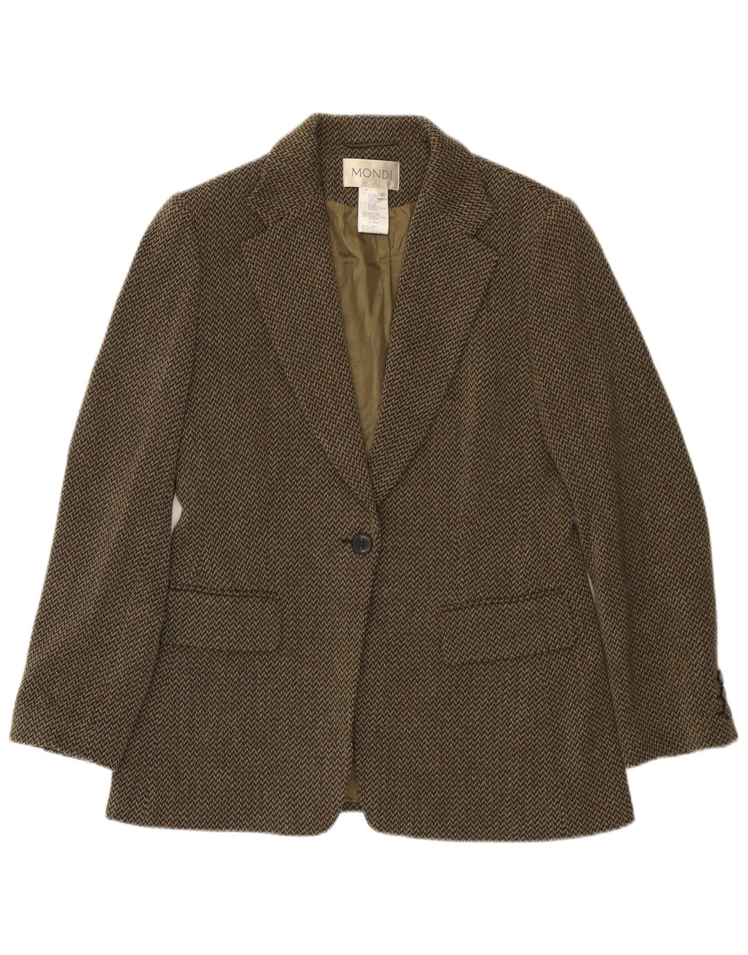 MONDI Damen-Blazer mit 1 Knopf, EU 40, mittelgrüne Chevron-Schurwolle