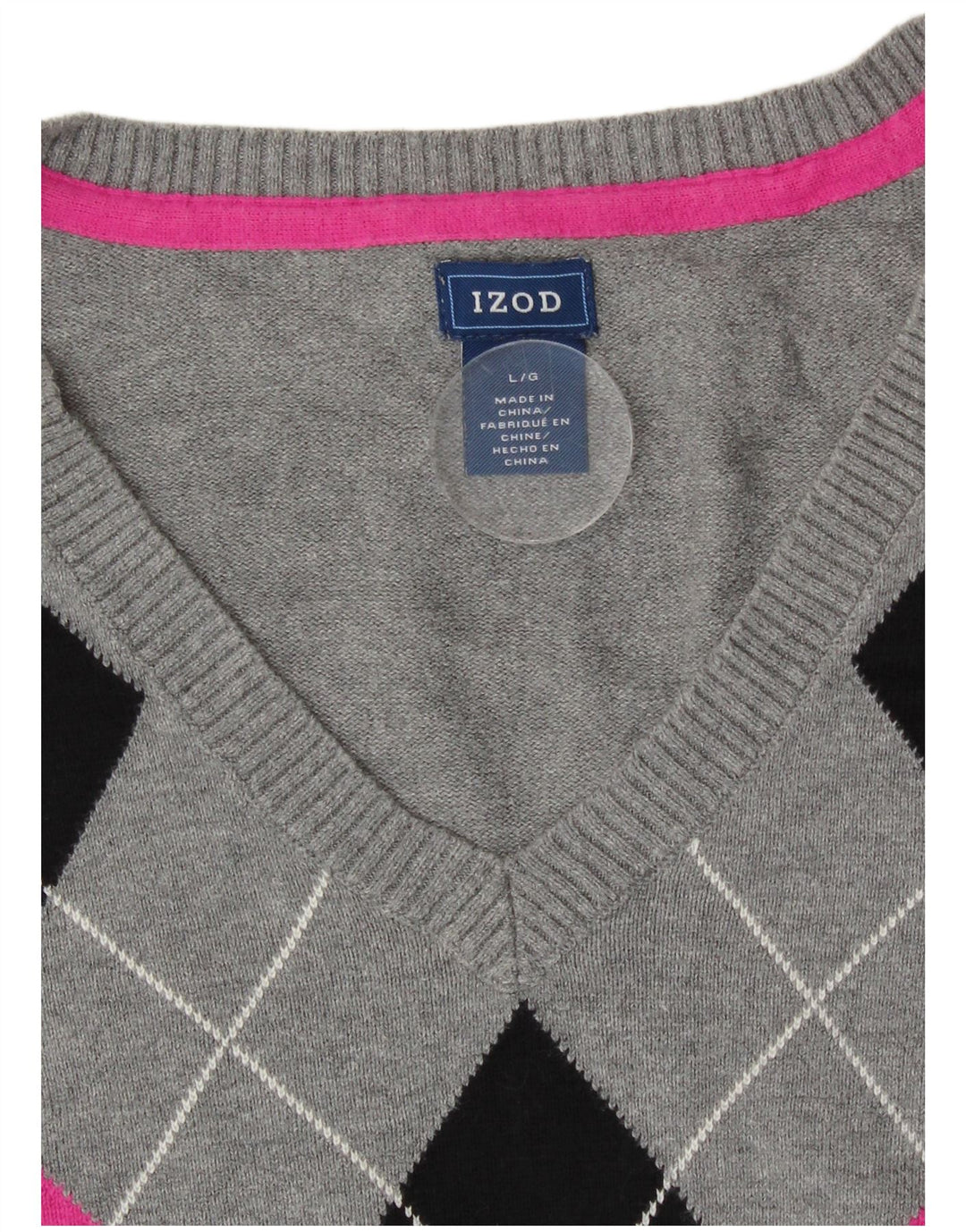 Izod Damen-Pullover mit V-Ausschnitt, Gr. 14, Größe L, Grau Argyle/Diamant