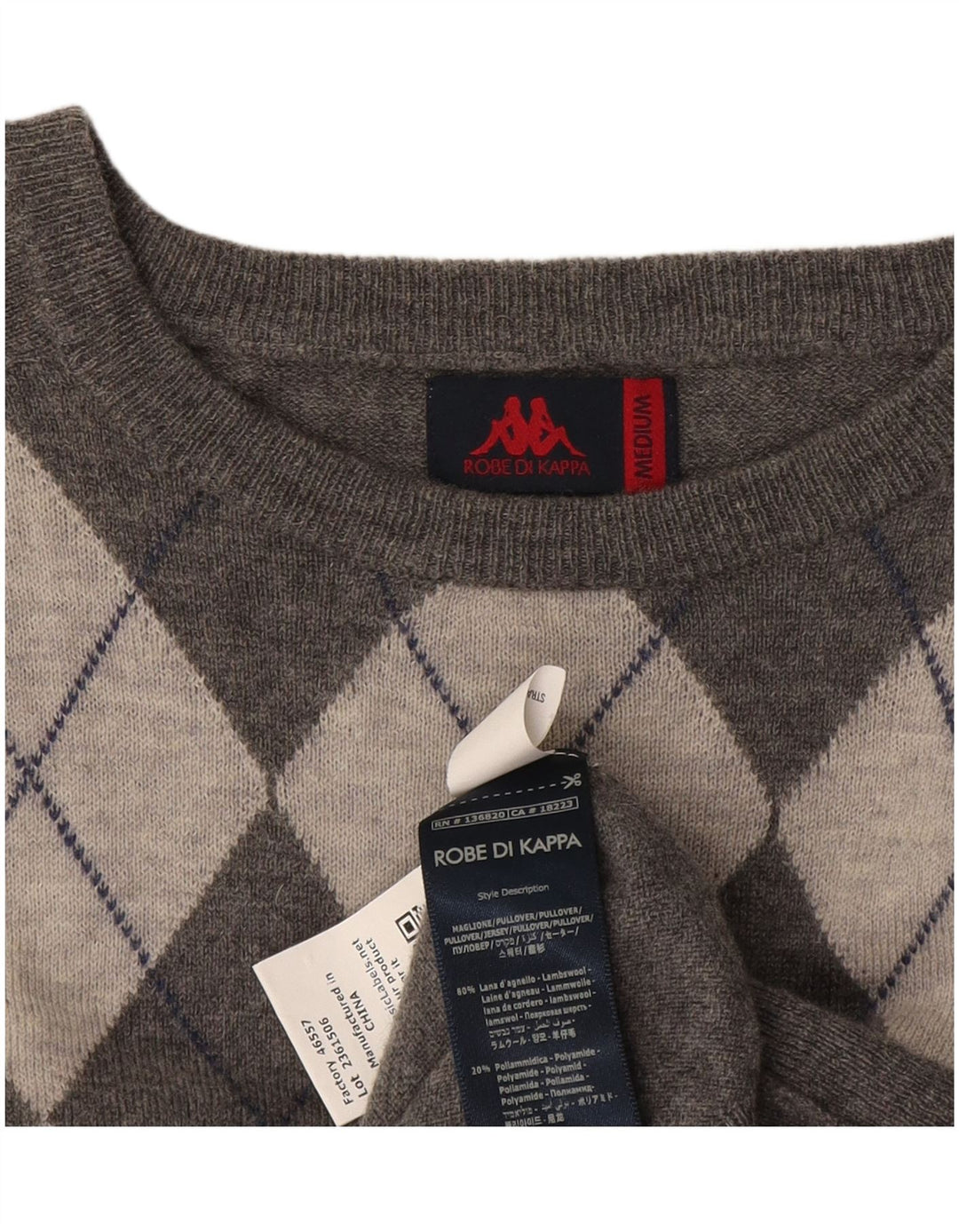 Kappa Herren-Pullover mit U-Boot-Ausschnitt, mittelgraue Argyle-/Diamantwolle