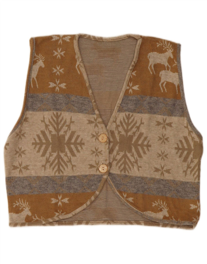 VINTAGE Damen Crop Cardigan Pullover UK 14 Medium Beige Fair Isle