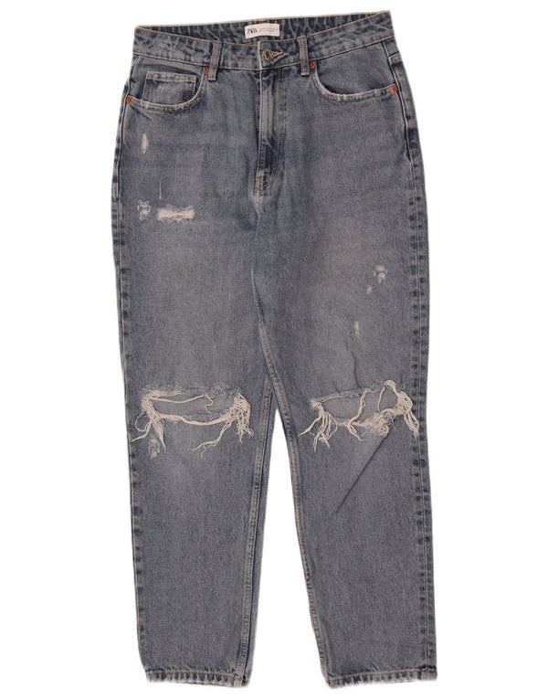Zara Damen Distressed High Waist Tapered Jeans EU 40 Medium W30 L27 Blau