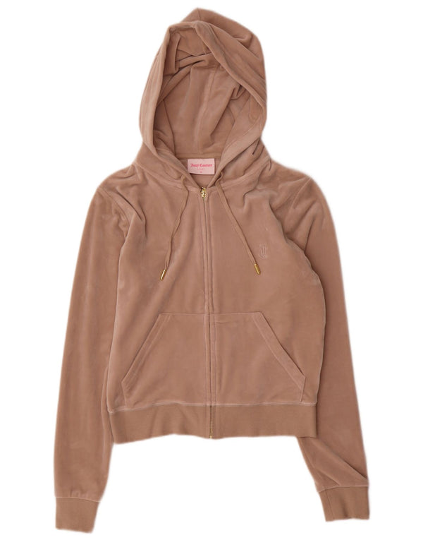Juicy Couture Damen-Kapuzenpullover aus Velours mit Reißverschluss, Gr. 10, Größe S, Beige, Polyester