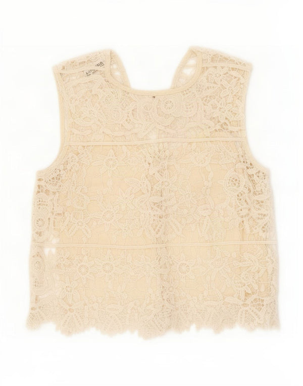 Zara Womens Crop Sleeveless Lace Blouse Top UK 4 XS Beige Floral Cotton