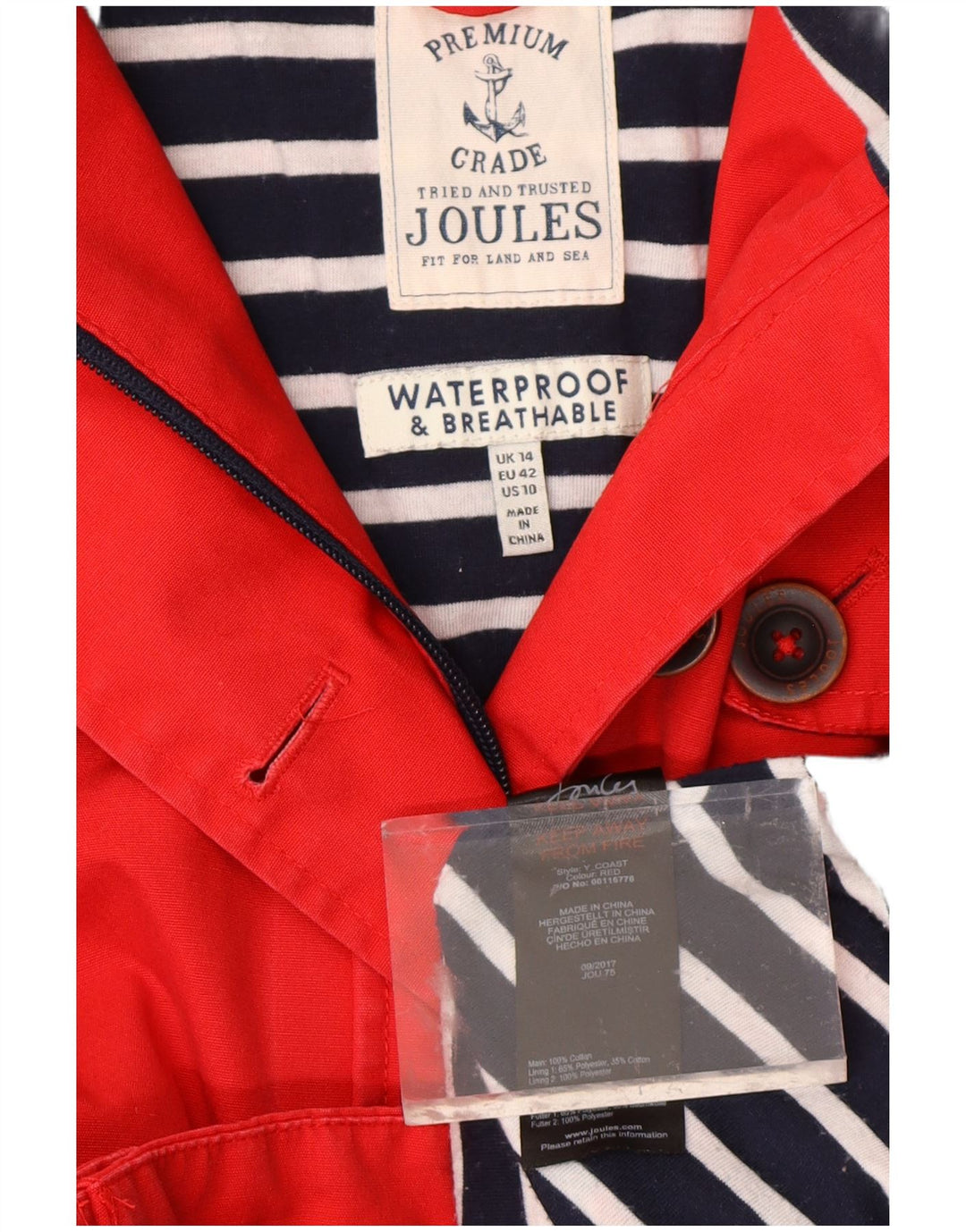 JOULES Damen-Windbreakerjacke mit Kapuze, UK 14, Größe L, Rot, Baumwolle