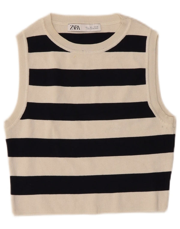Zara Damen Crop Vest Tank Top UK 14 Große weiß gestreifte Viskose