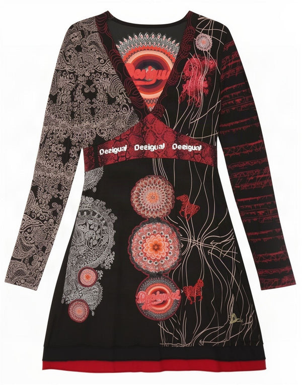 Desigual Damen Langarm-A-Linien-Kleid UK 14 Große schwarze Baumwolle