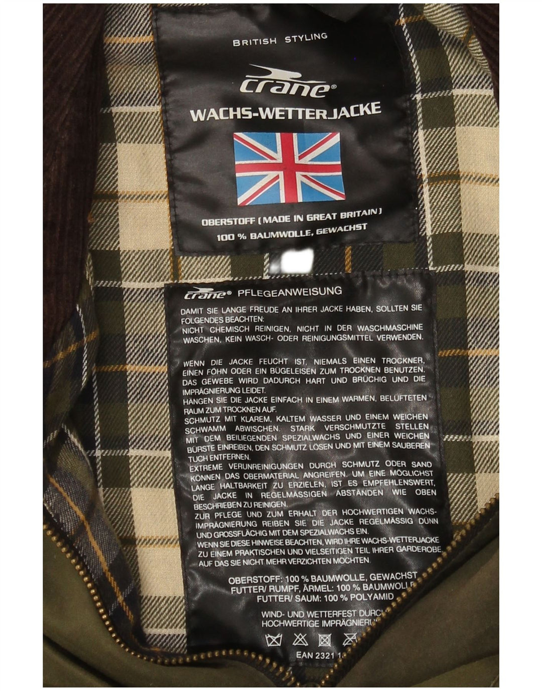 Crane Herrenjacke aus gewachster Baumwolle, UK 38, mittelgrüne Baumwolle