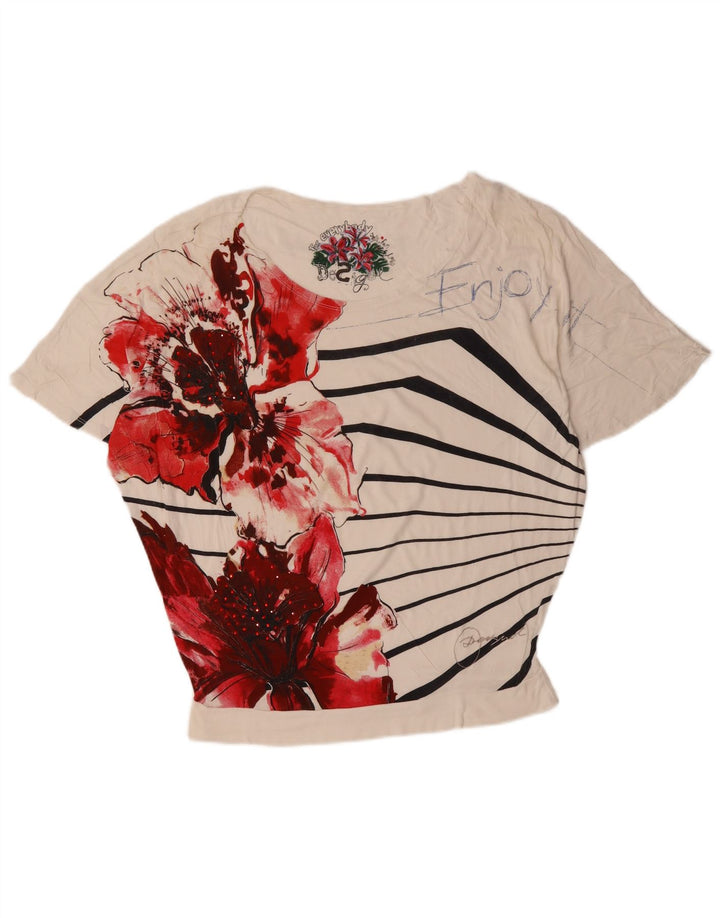 DESIGUAL Damen Grafik-T-Shirt-Oberteil UK 16 Große weiße Baumwolle mit Blumenmuster