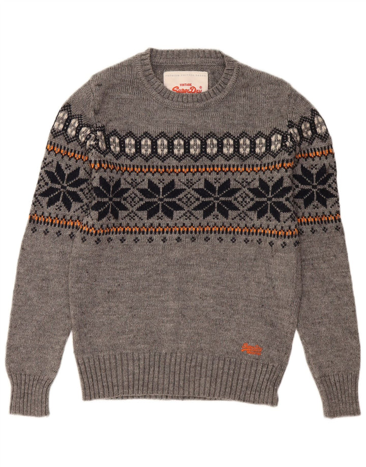 Superdry Herren-Pullover mit Rundhalsausschnitt, Größe S, Grau, Fair-Isle-Acryl