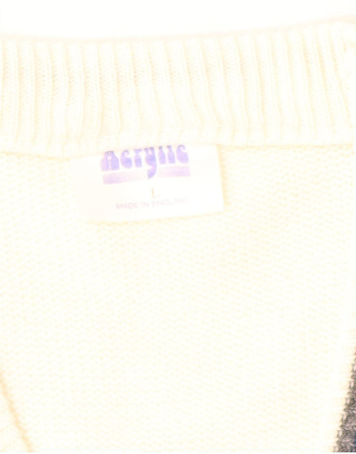 VINTAGE Herren V-Ausschnitt Pullover Pullover Großes weißes geometrisches Acryl