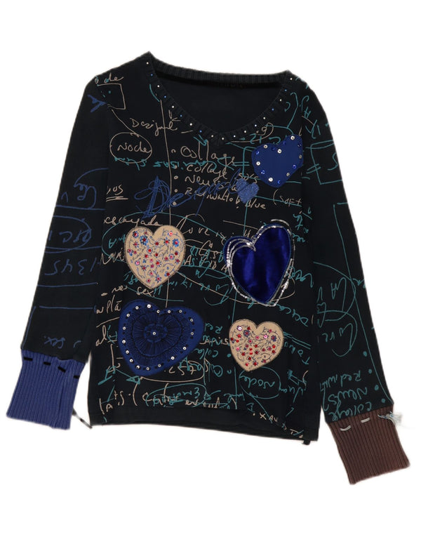 Desigual Damen Graphic Top Langarm UK 14 Mittel Marineblau Herz