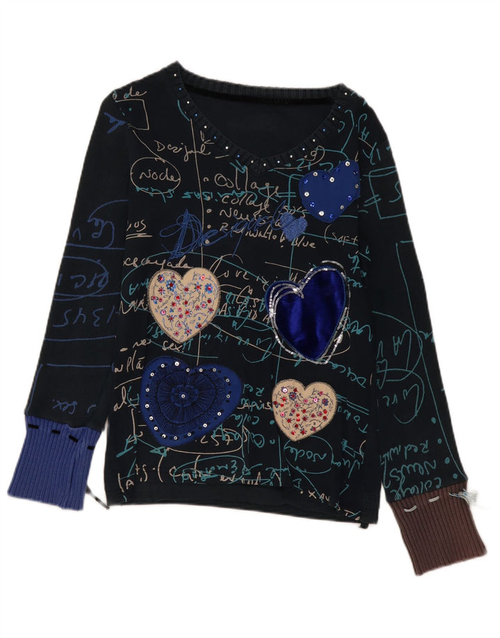 Desigual Damen Graphic Top Langarm UK 14 Mittel Marineblau Herz