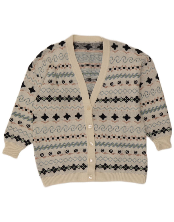 Vintage Damen Cardigan Pullover UK 16 Groß Weiß Fair Isle
