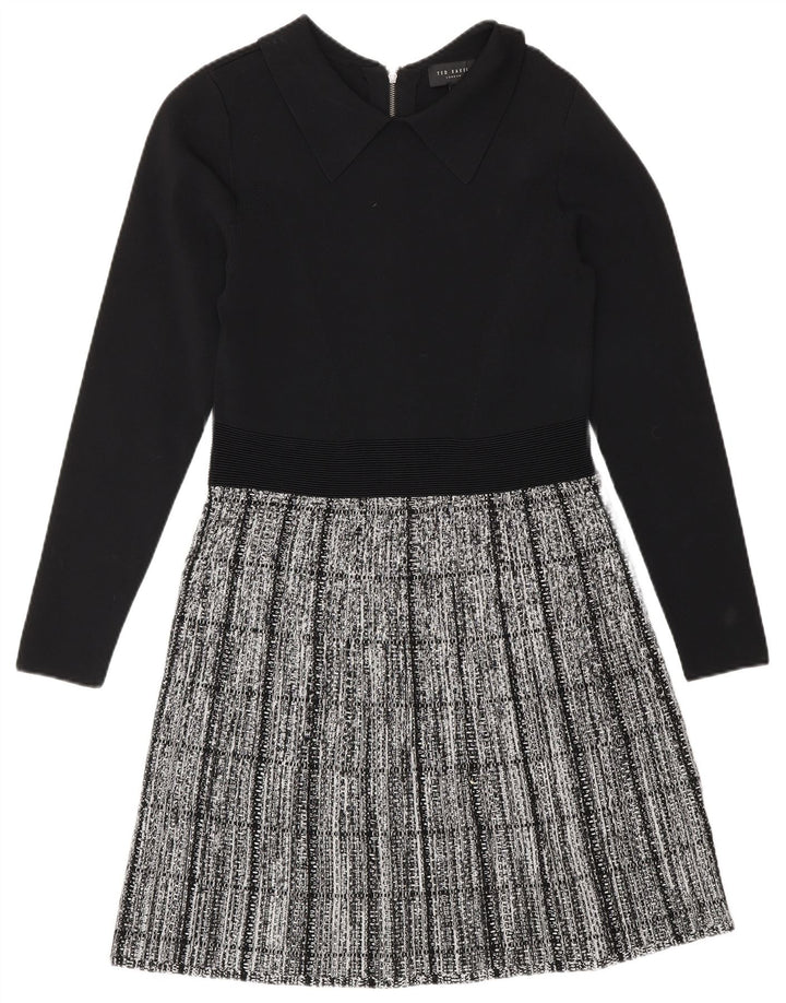 Ted Baker Langarm-Basic-Kleid für Damen, Größe 2, S, schwarz, kariert, Viskose