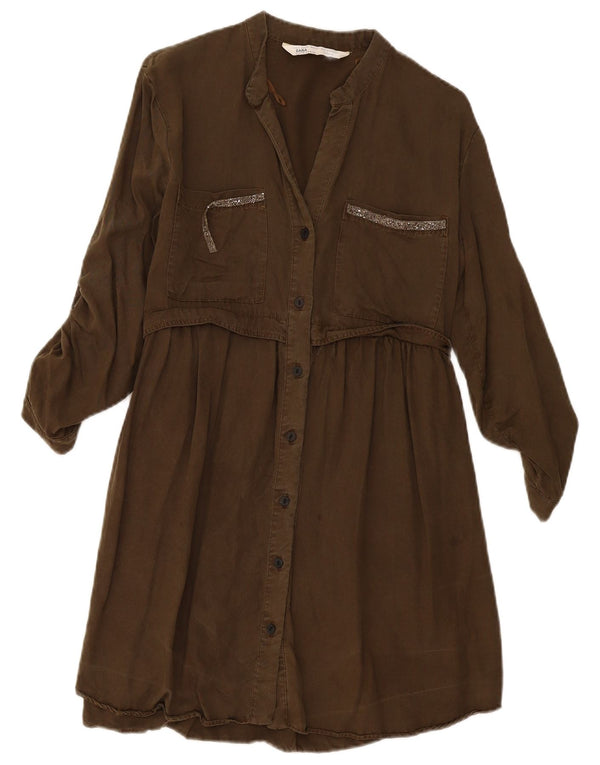 Zara Damen-Hemdkleid mit 3/4-Ärmeln, Größe S, Khaki, Lyocell