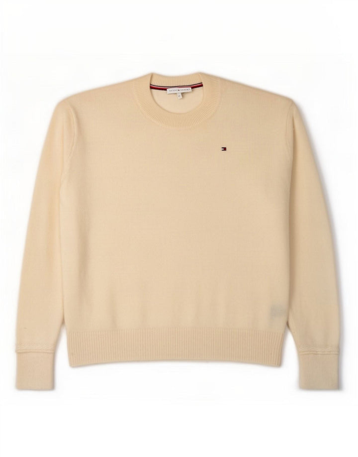Tommy Hilfiger Damen-Pullover mit Rundhalsausschnitt, Gr. 14, mittlere, cremefarbene Wolle