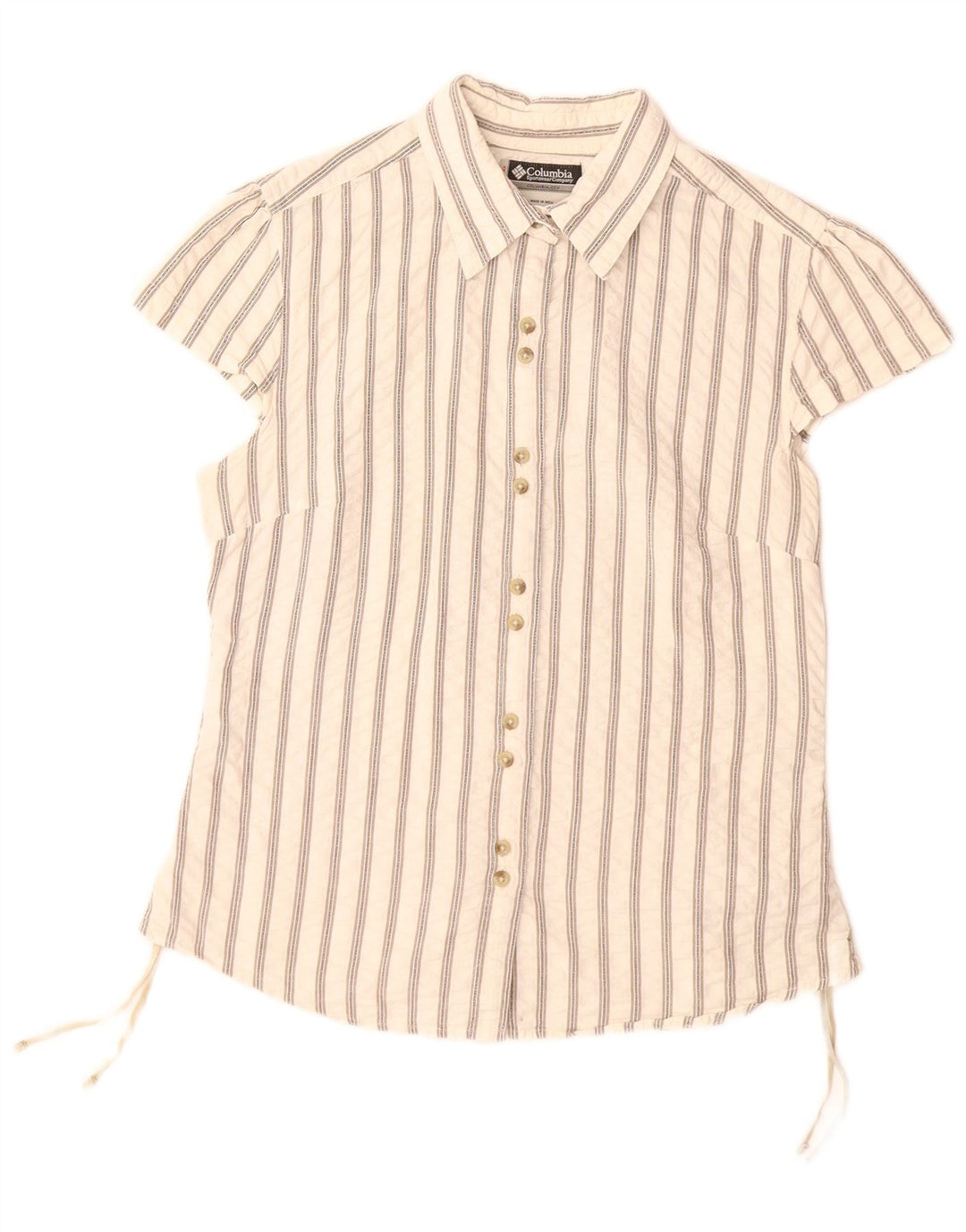 COLUMBIA Damen Kurzarmhemd UK 14 Große weiß gestreifte Baumwolle