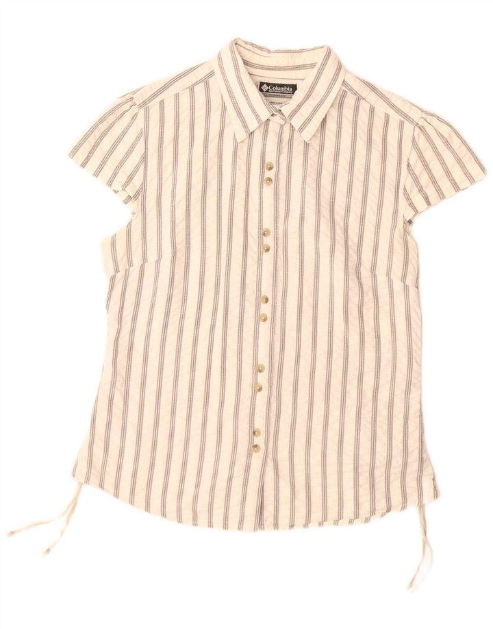 COLUMBIA Damen Kurzarmhemd UK 14 Große weiß gestreifte Baumwolle